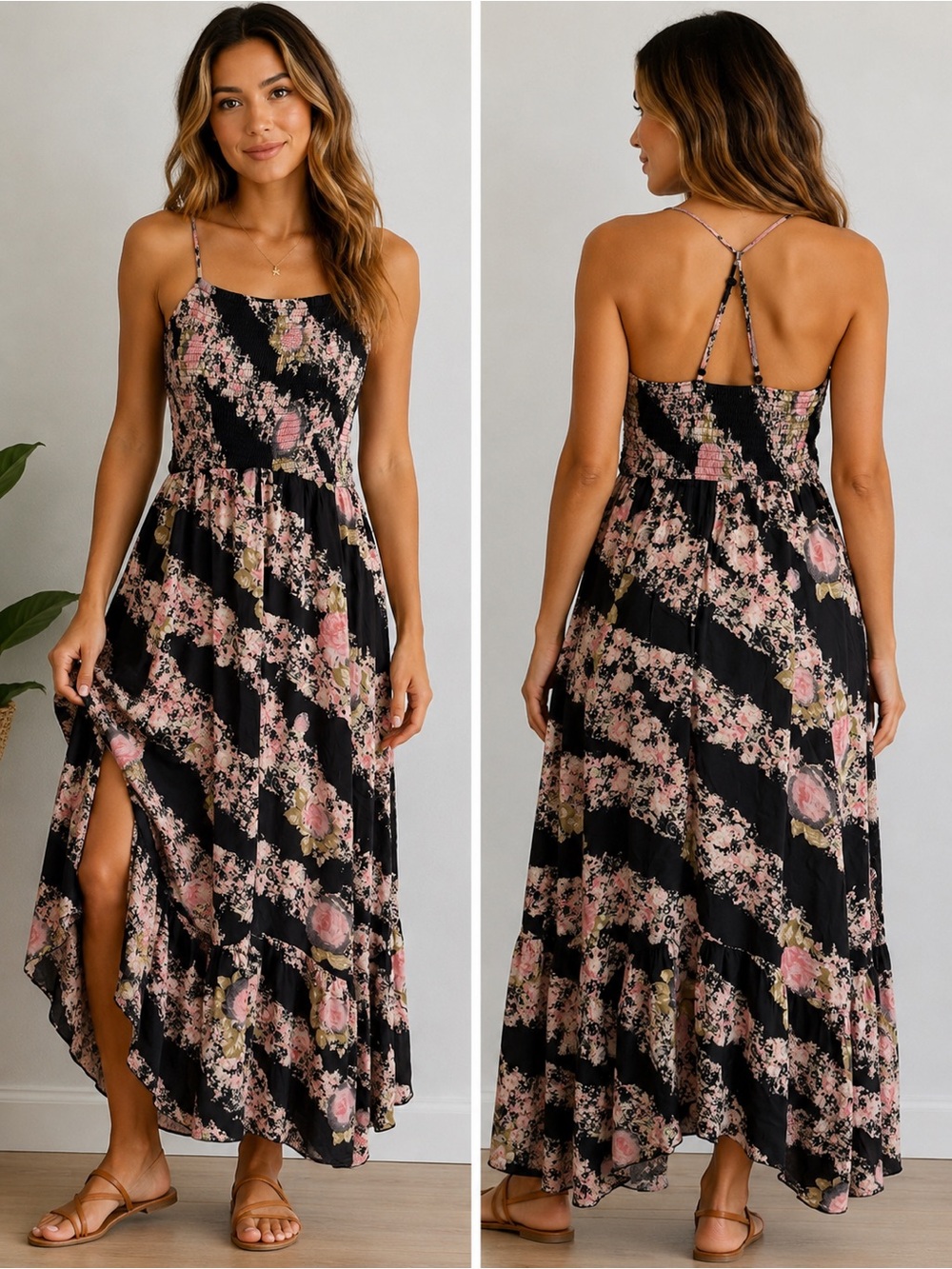 Free People Floral Black and Pink Maxi Dress with Spaghetti Straps